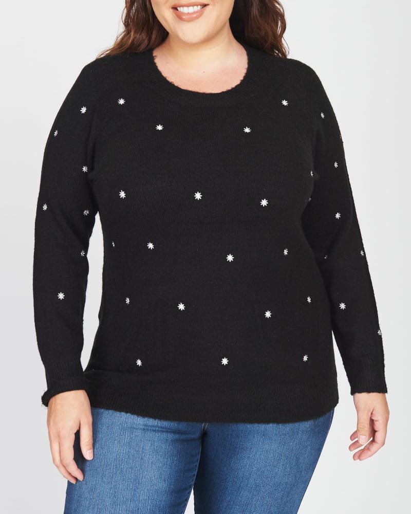 Front of a model wearing a size 2X Corrine Embroidered Crew Neck Sweater in M459 BLACK by Daniel Rainn. | dia_product_style_image_id:304903